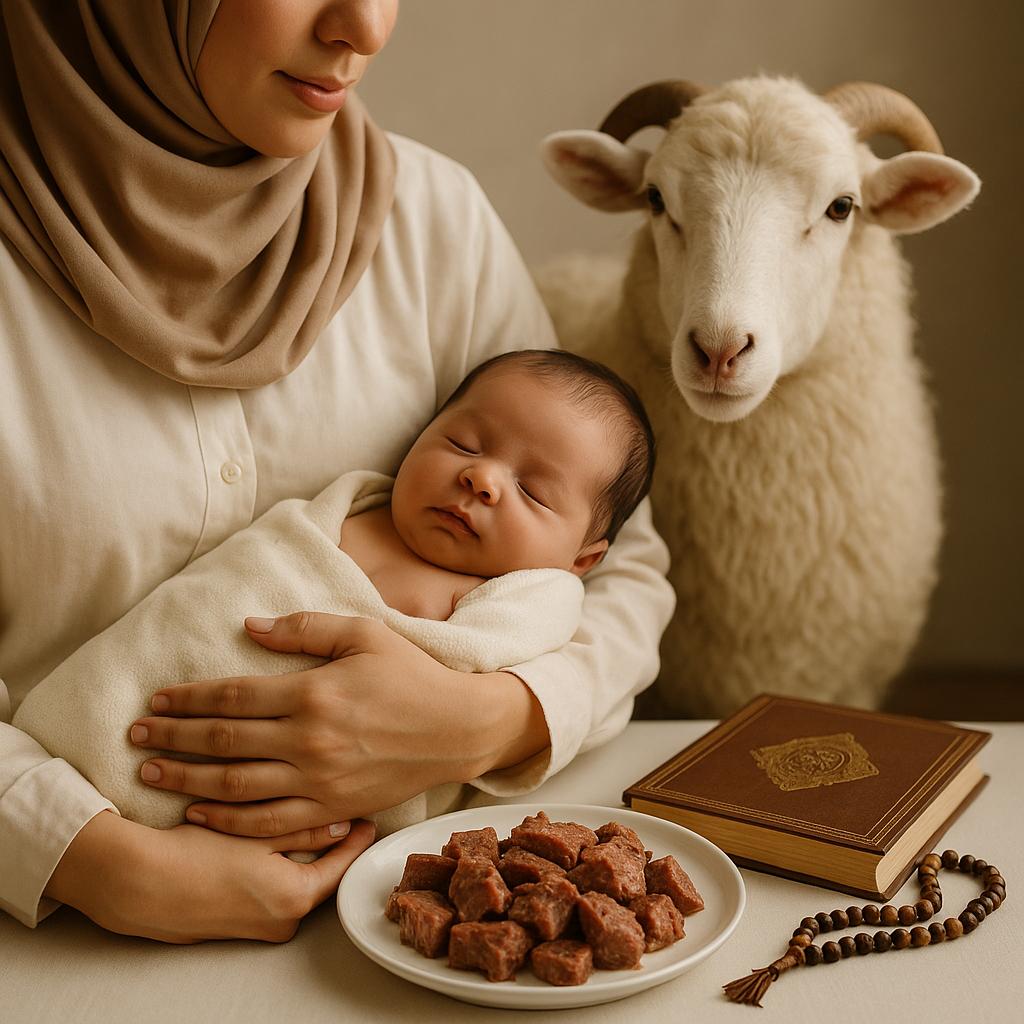 Moeder houdt pasgeboren baby vast naast een schaap, bord met vlees, koran en gebedskralen – symboliek van het islamitische aqiqah-ritueel
