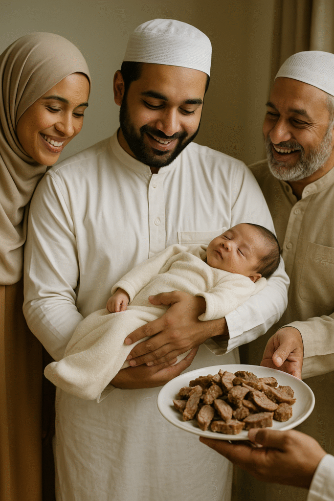 Een gelukkige islamitische familie houdt een pasgeboren baby vast tijdens een Aqiqah-ceremonie, met een schaal vlees op tafel.