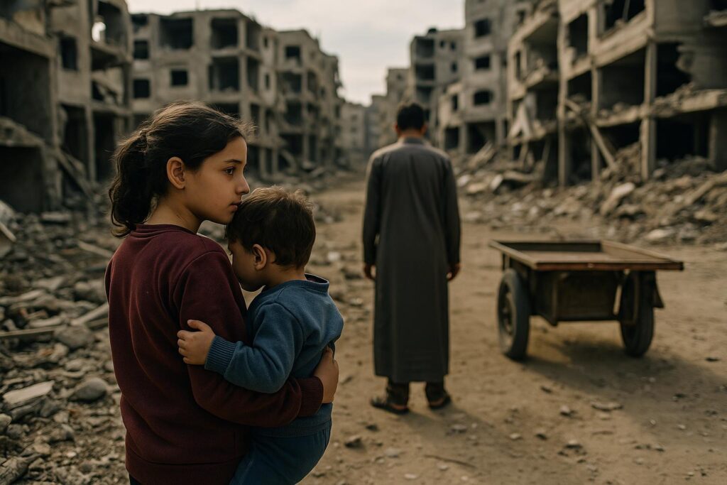 Moeder en kinderen lopen door verwoeste straat in Gaza, symbool voor de humanitaire crisis.