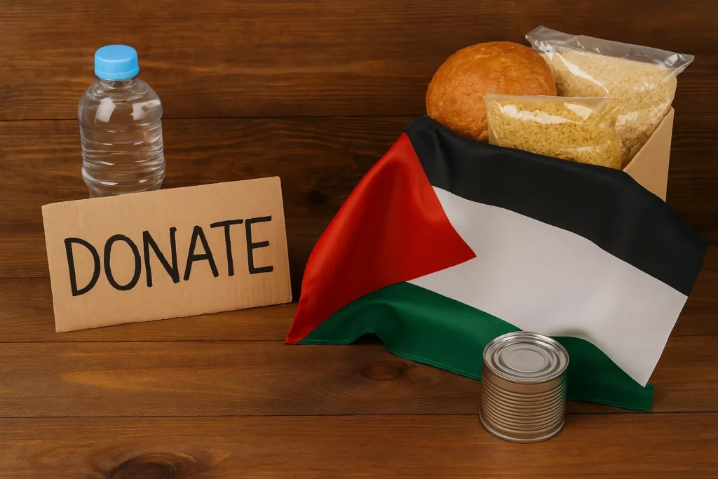 Tafel met voedsel, muntgeld, Palestijnse vlag en het woord ‘donate’ als symbool voor hulp aan Gaza.