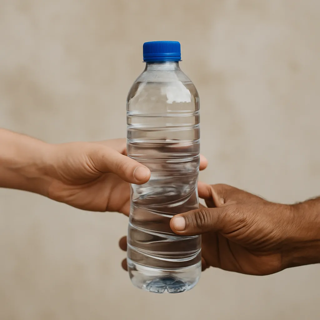 Twee handen reiken elkaar een fles water aan als symbool voor hulp en solidariteit.