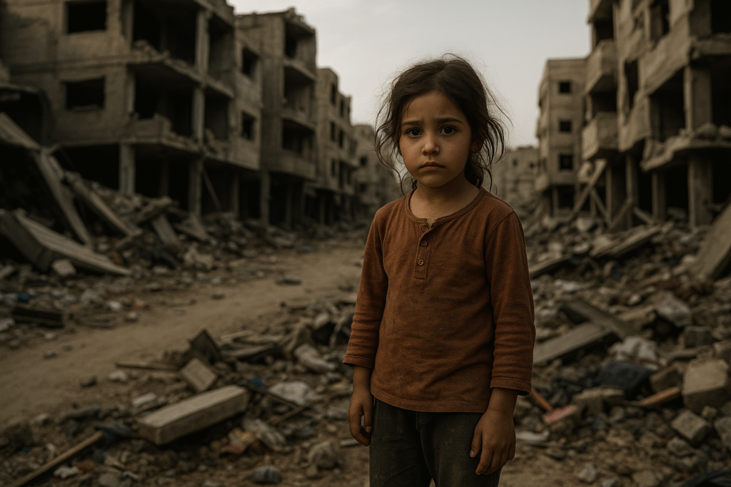 “Jonge jongen in Gaza tussen puin en verwoeste gebouwen – symbool voor hoop ondanks de omstandigheden
