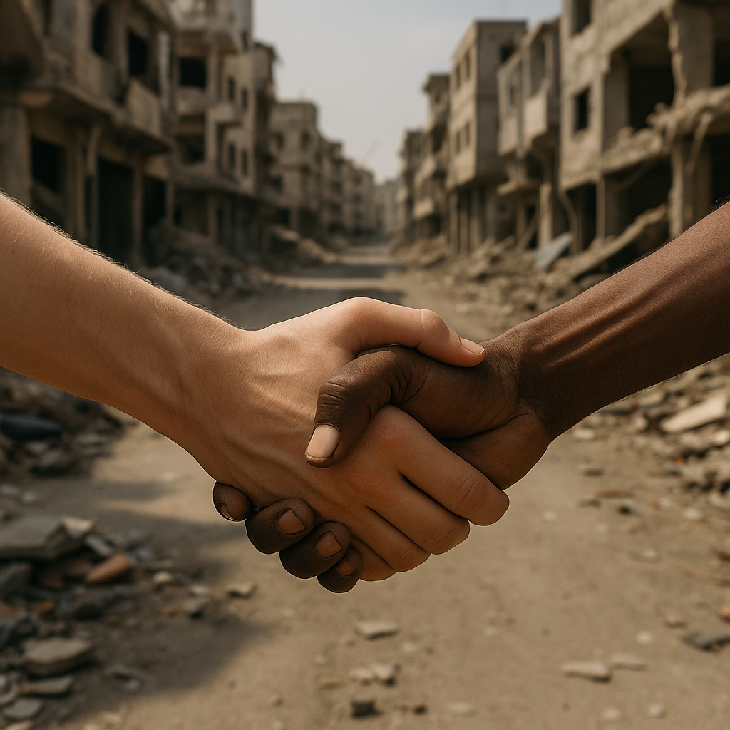 Symbolische handdruk tussen twee mensen te midden van verwoeste gebouwen in Gaza – teken van hoop en solidariteit.