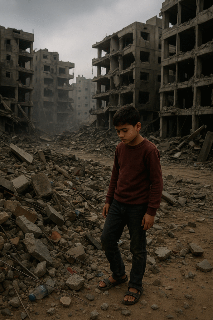 Jonge jongen loopt door verwoeste straat in Gaza na bombardementen.