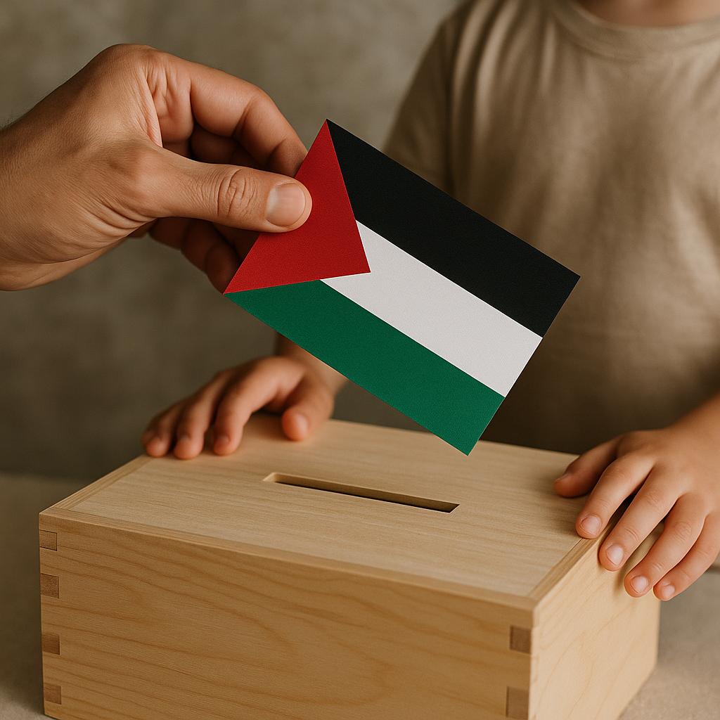 Hand plaatst Palestijnse vlag in houten donatiebox terwijl kind meekijkt – symbool voor solidariteit en hulp aan Palestijnse gezinnen.