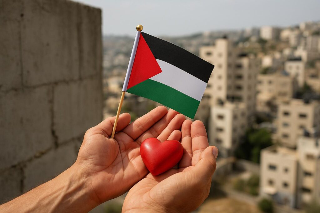 Handen houden een Palestijns vlaggetje en rood hart vast, met gebouwen op de achtergrond – symbool voor solidariteit en hoop voor Palestina.