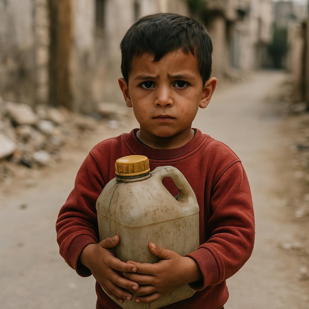 Palestijns jongetje met waterkan in verwoeste straat, symbool voor schaarste aan basisvoorzieningen zoals water.