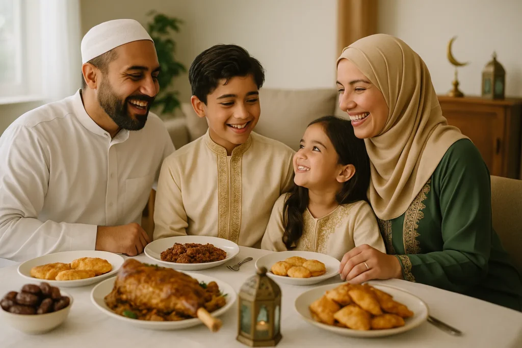 Vrolijk moslimgezin viert Eid al-Adha samen aan tafel met traditionele gerechten