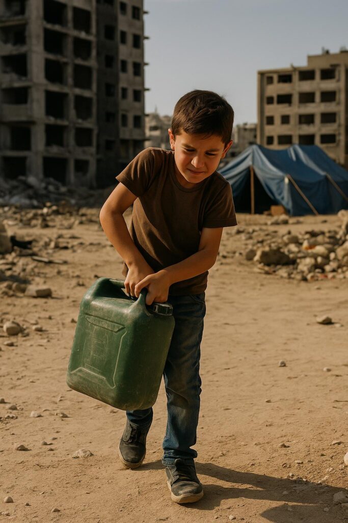 Jonge Palestijnse jongen draagt een zware groene jerrycan met water door een verwoeste straat tussen ingestorte gebouwen en tenten.