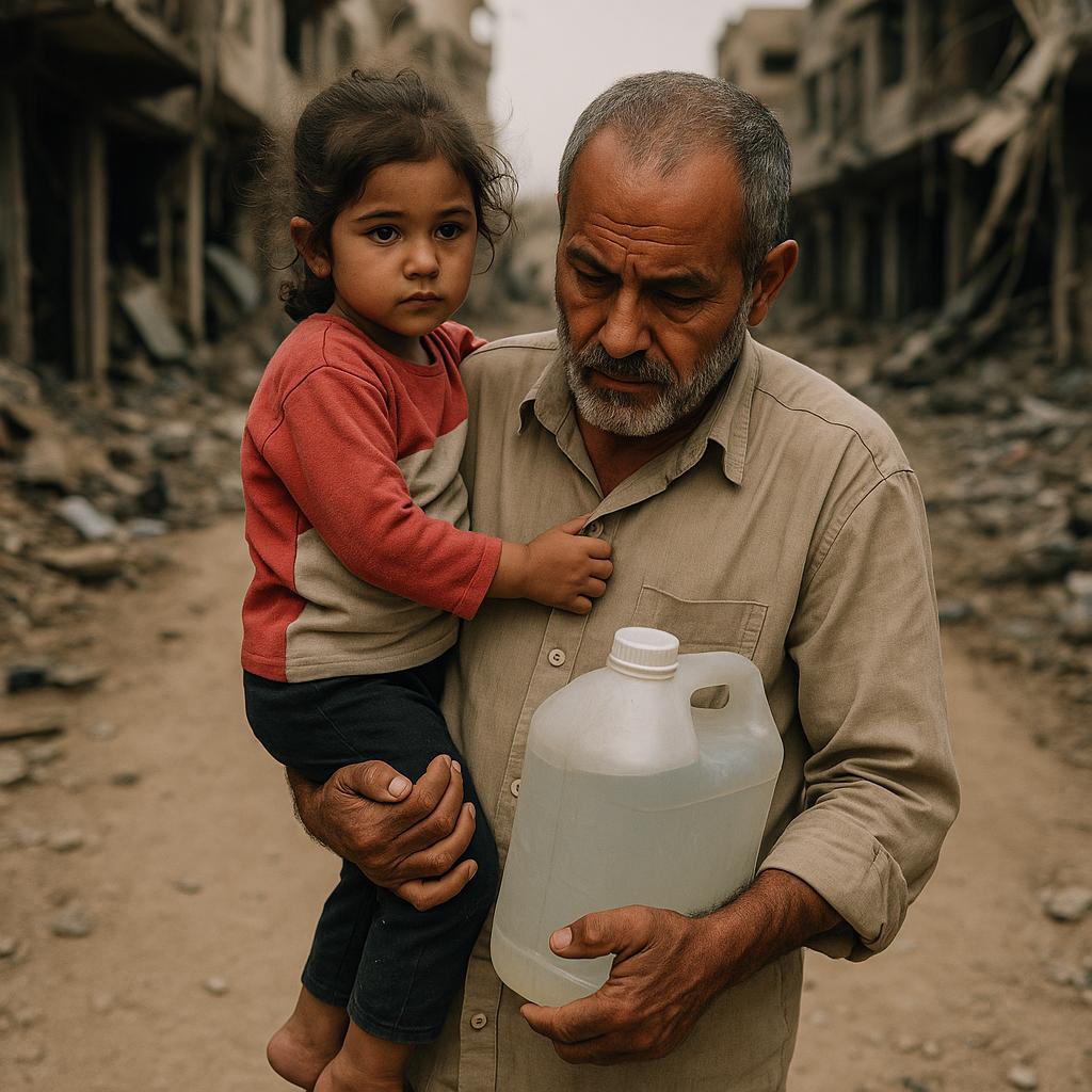 Een Palestijnse man draagt een jong meisje op de arm en een witte watertank door een verwoeste straat.