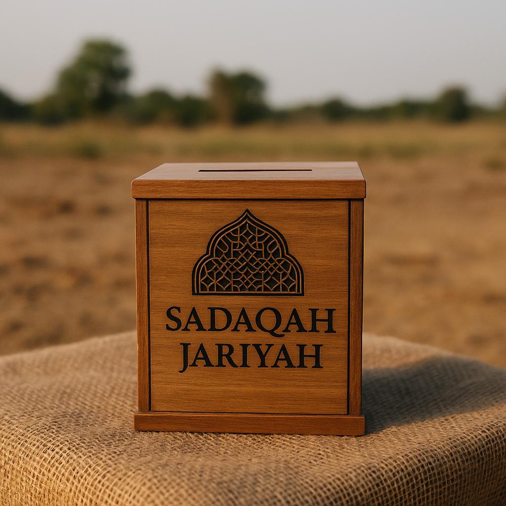 Houten donatiebox voor Sadaqa Jariya op een juten doek in een droog, landelijk landschap – symbool voor doorlopende liefdadigheid