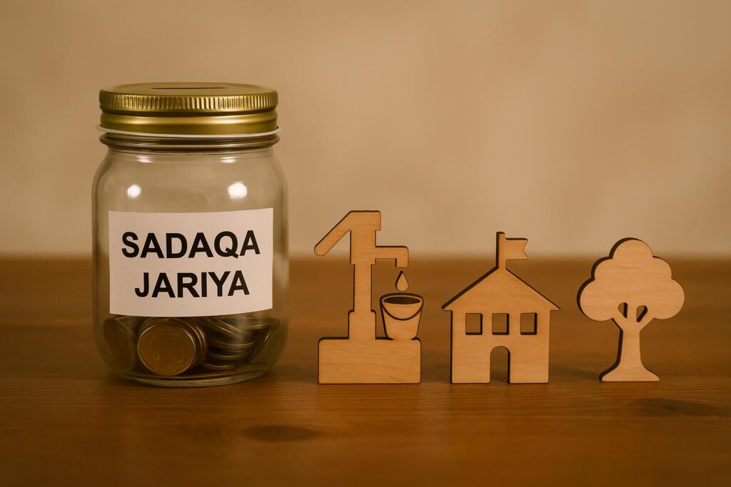 Symbolische weergave van doorlopende liefdadigheid met houten figuren van een waterpomp, school en boom naast een donatiepot