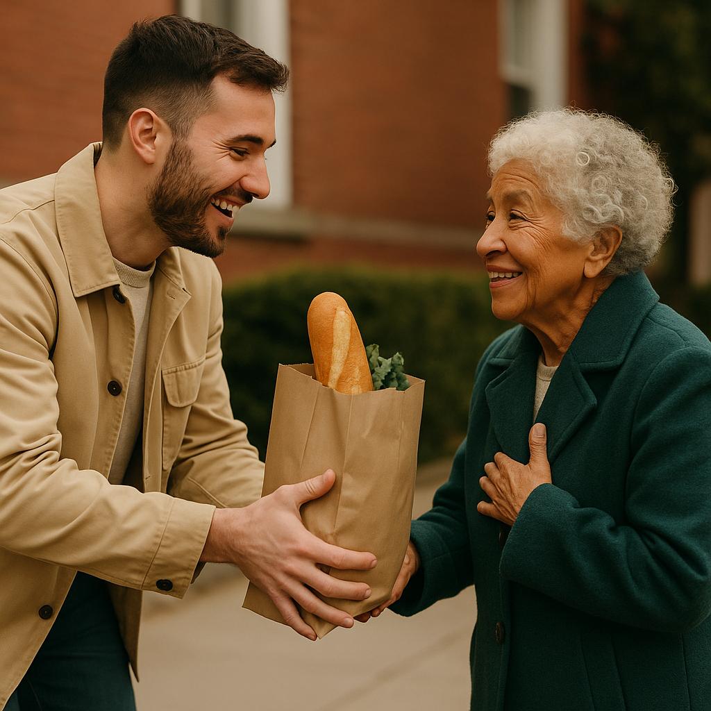 Man geeft boodschappen aan oudere vrouw als gebaar van vriendelijkheid en liefdadigheid.