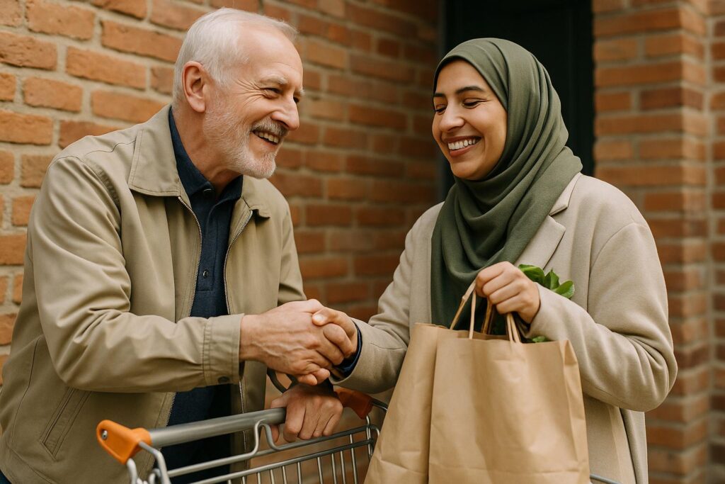 Een oudere man helpt een vrouw met een hoofddoek haar boodschappen in te laden, beide lachen vriendelijk bij een winkelkar voor een bakstenen muur.