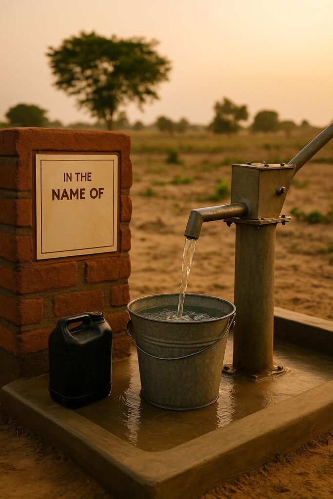 Waterput met stromend water in een dor landschap bij zonsondergang, met een metalen emmer en plaque ter ere van een persoon.