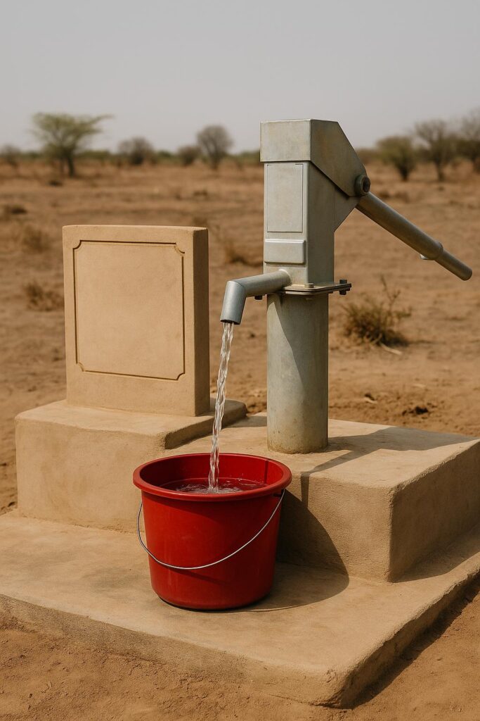 Waterpomp met stromend water en rode emmer bij een gedenkplaat in droog landschap – symbool voor een waterput op naam