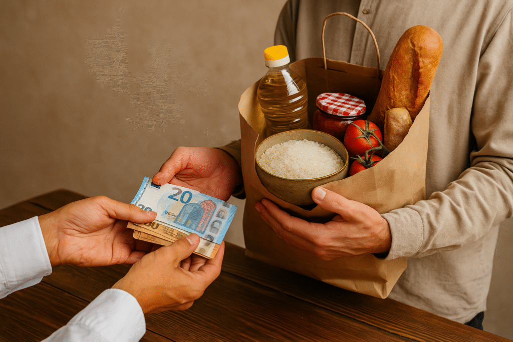 Twee personen wisselen eurobiljetten en een papieren zak met basisboodschappen uit als symbool voor het geven van zakaat.