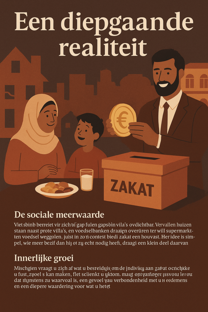 Illustratie van een man, vrouw en kind met een Zakat-donatiebox, symboliseert liefdadigheid en sociale verantwoordelijkheid.