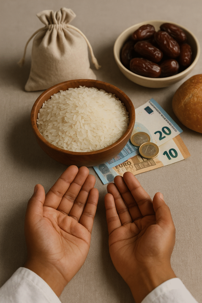 Open handen voor donatie met rijst, eurobiljetten en voedsel, symbool voor Zakat al Fitr tijdens Ramadan.