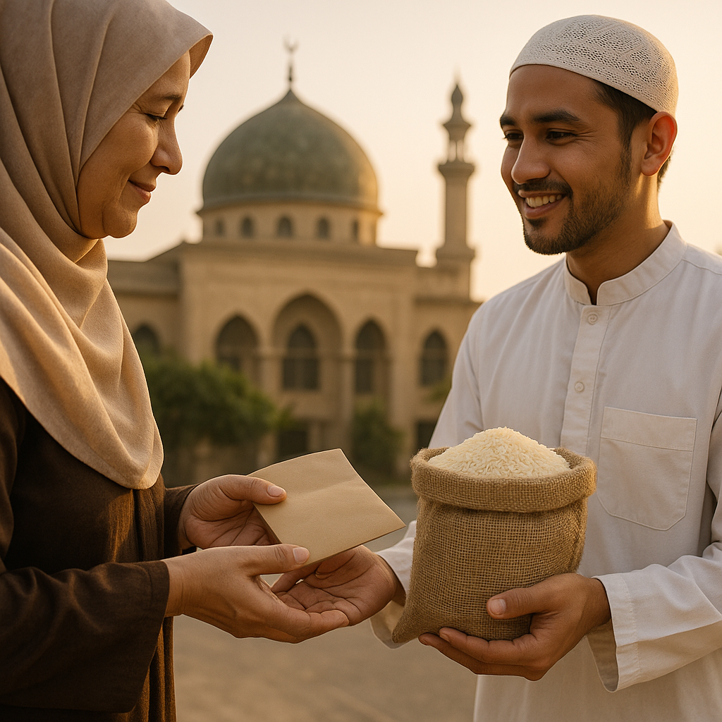 Man en vrouw wisselen een zak rijst en envelop uit voor een moskee, als symbool van het geven van Zakat al Fitr.