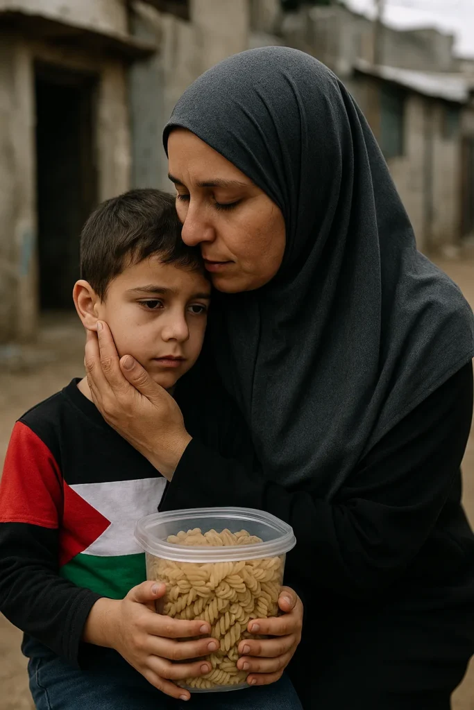 Moeder in een grijze hijab houdt haar zoon vast die een bak pasta vasthoudt, symbool voor voedselhulp in Palestina.