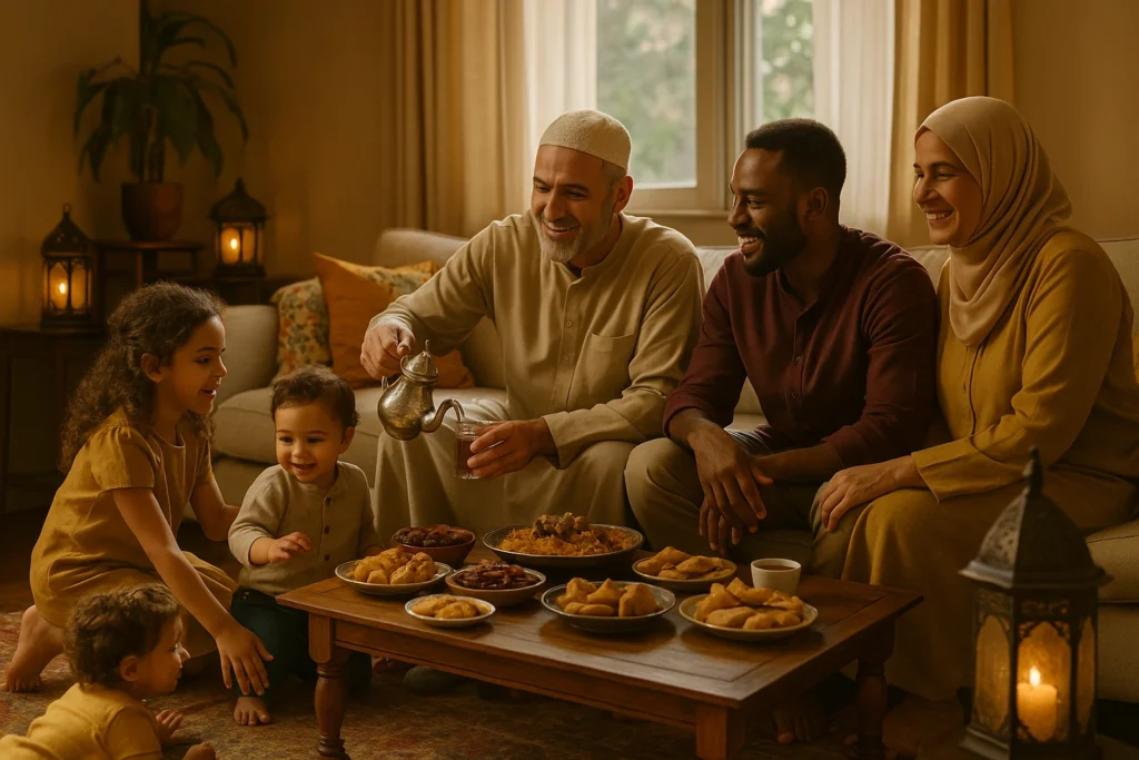 Een multigenerationele moslimfamilie viert Eid al-Adha in een warme woonkamer met traditionele gerechten en zachte verlichting