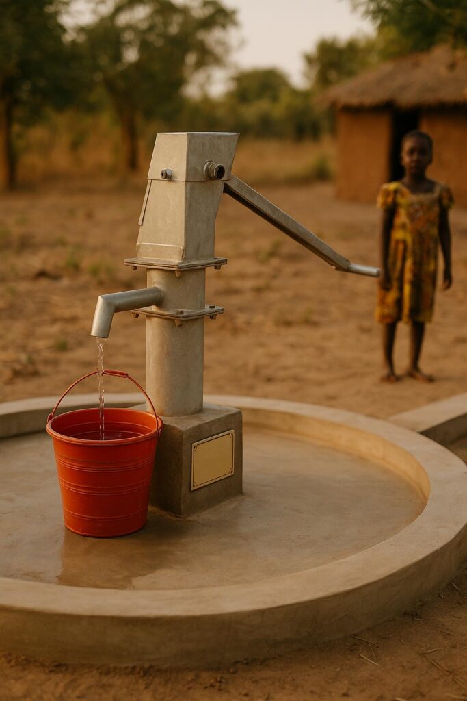 Waterpomp met rode emmer in een droge omgeving als symbool voor schoon drinkwaterprojecten