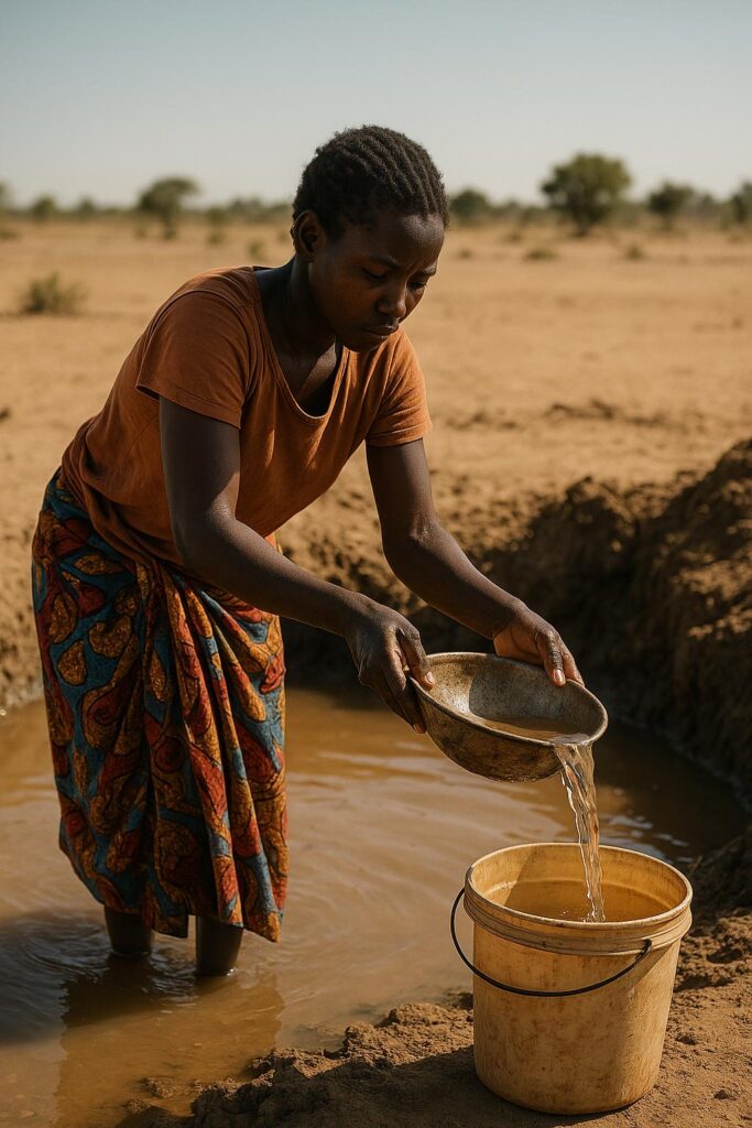 Vrouw verzamelt water uit een ondiepe plas in een droog gebied, symbool voor de noodzaak van schoon drinkwater
