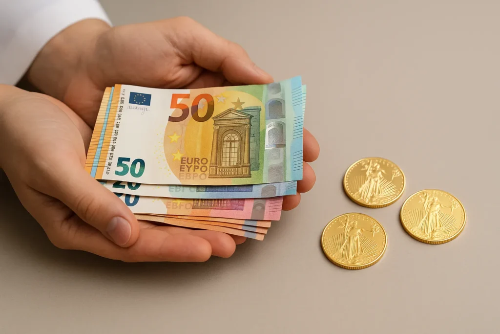 Handen houden eurobiljetten vast naast gouden munten als symbool voor het berekenen en geven van zakat.