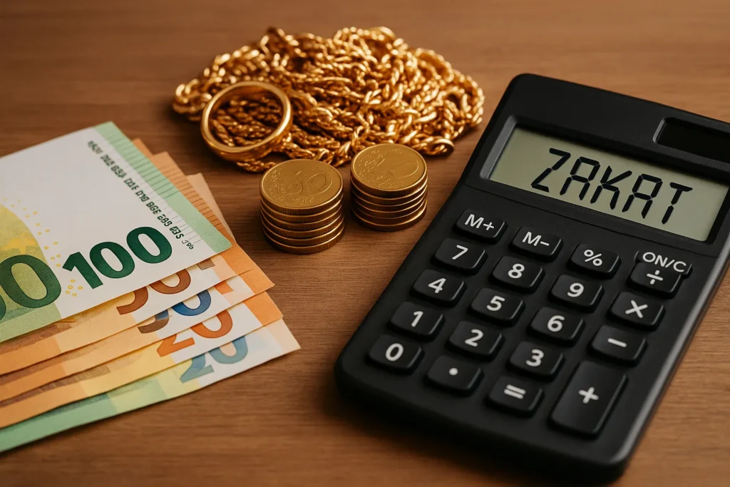 Afbeelding van een calculator met het woord "ZAKAT", eurobiljetten, gouden munten en sieraden op een houten tafel – symboliseert financiële berekening voor zakat.