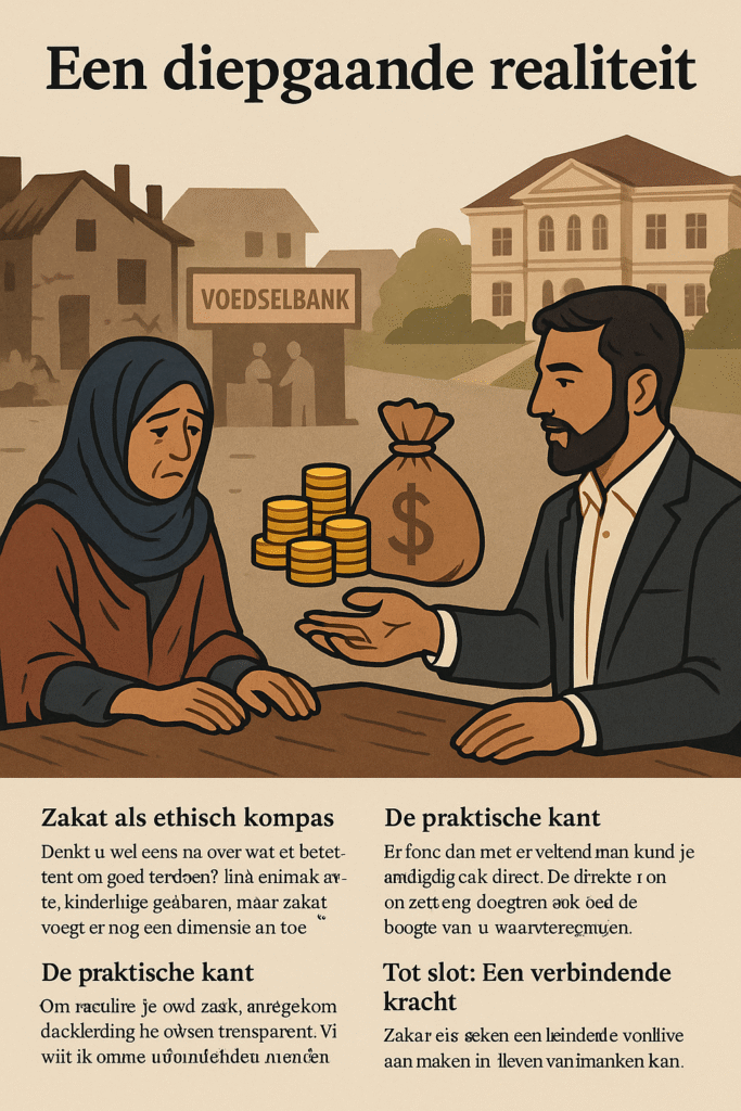 Illustratie van een man en vrouw die Zakat al Fitr uitwisselen in een conflictgebied, met gebouwen op de achtergrond.