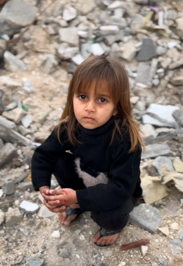 Meisje in donkere kleding zit op haar hurken tussen het puin van verwoeste gebouwen, kijkt met grote ogen recht in de camera